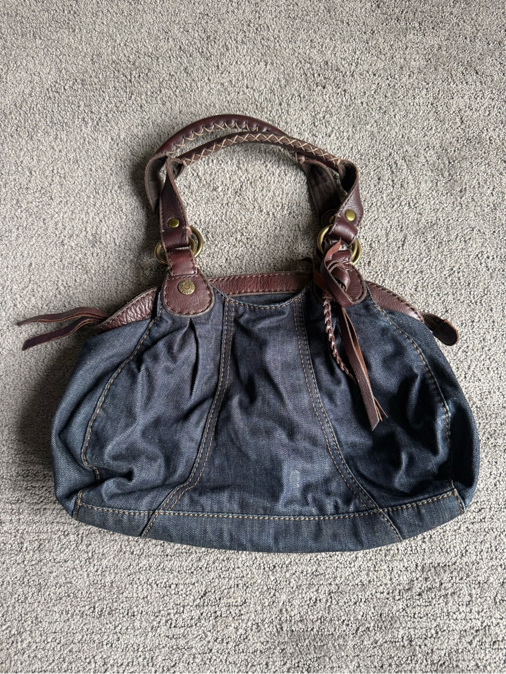 Lucky Brand Denim Shoulder Bag with Brown Leather Trim